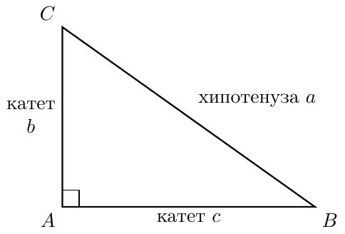 {Правоъгълен триъгълник с означени два катета, които сключват прав ъгъл, и хипотенуза, която е срещу правия ъгъл.}