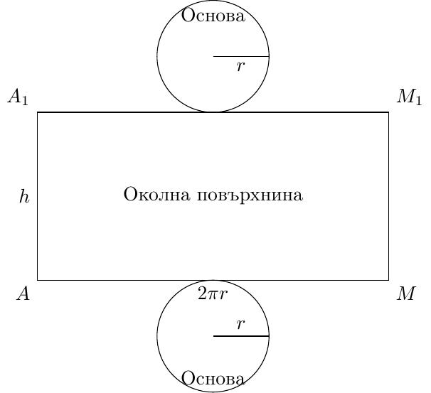 {Разгъвка на прав кръгов цилиндър, показваща правоъгълник (околна повърхнина) и два кръга (основи). Страните на правоъгълника са маркирани като височината на цилиндъра \(h\) и обиколката на основата \(2\pi r\). Радиусът на кръговете е \(r\).}