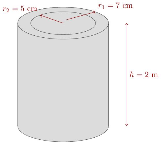 {Напречно сечение на цилиндрична тръба с означени външен радиус r1=7 cm и вътрешен радиус r2=5 cm, както и дължина h=2 m.}