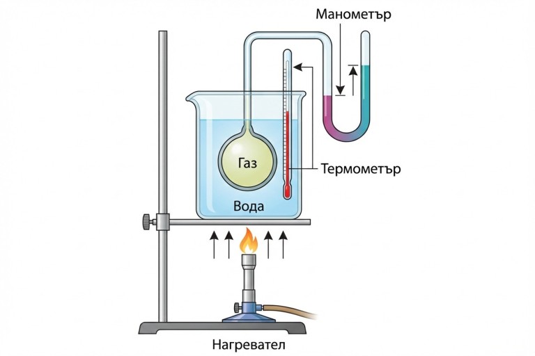 Схема на опит за изохорен процес: На статив е поставен стъклен химичен съд (бехерова чаша или колба), съдържащ вода. Под него е разположен нагревател (например газова горелка или спиртна лампа) с видим пламък, който загрява водата. Във водата е напълно потопен затворен, дебелостенен стъклен съд (сферична или цилиндрична колба), съдържащ газ. От този затворен съд излиза тръбичка, която води нагоре и се свързва с манометър (U-образен с течност, показваща разлика в нивата). В същата вода, до съда с газ, е потопен вертикално термометър за измерване на температурата. Елементите трябва да са ясно обозначени: 'Газ' вътре в малкия затворен съд, 'Вода' в големия съд, 'Термометър', 'Манометър' и 'Нагревател'. Стрелки могат да илюстрират посоката на нагряване от нагревателя към водата, както и измерването на температурата и налягането.