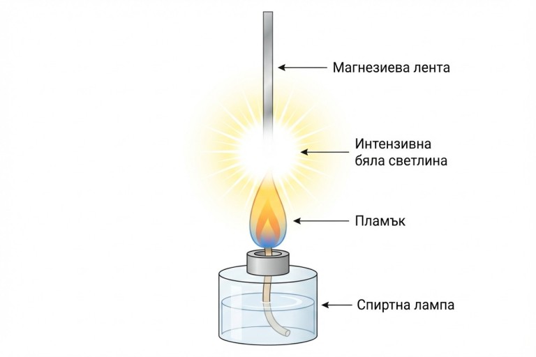 Геометрично изображение на горяща магнезиева лента. В долната централна част е поставена лабораторна спиртна лампа, представена като цилиндрично тяло с фитил. От фитила вертикално се издига стилизиран пламък с форма на сълза. Над пламъка, вертикално и централно, е разположена тънка, права магнезиева лента. Долният край на лентата е в контакт с горната част на пламъка и излъчва интензивна, ослепително бяла светлина, представена като ярък сияен кръг или звезда с лъчи, символизиращ горенето.