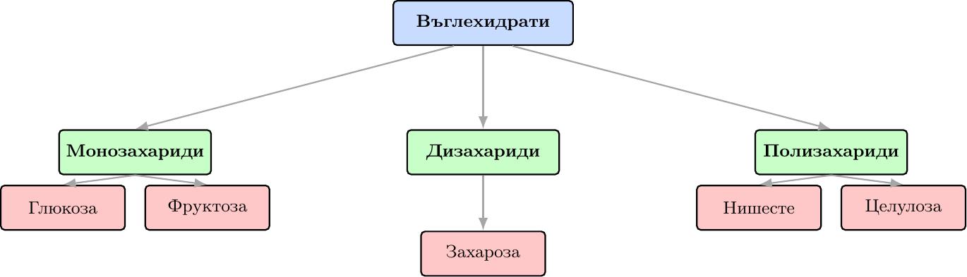 Диаграма на класификация на въглехидрати, подредена йерархично отгоре надолу. В горната част е разположен централен правоъгълен възел, етикетиран като 'Въглехидрати'. От този централен възел тръгват три стрелки надолу, водещи към три хоризонтално разположени, еднакво оформени правоъгълни възела на следващо ниво. Левият възел на това ниво е етикетиран като 'Монозахариди'. Централният възел е етикетиран като 'Дизахариди'. Десният възел е етикетиран като 'Полизахариди'. От възела 'Монозахариди' тръгват две стрелки надолу, водещи към два по-малки правоъгълни възела на най-ниско ниво, етикетирани като 'Глюкоза' (вляво) и 'Фруктоза' (вдясно), разположени под 'Монозахариди'. От възела 'Дизахариди' тръгва една стрелка надолу, водеща към един по-малък правоъгълен възел на най-ниско ниво, етикетиран като 'Захароза', разположен директно под 'Дизахариди'. От възела 'Полизахариди' тръгват две стрелки надолу, водещи към два по-малки правоъгълни възела на най-ниско ниво, етикетирани като 'Нишесте' (вляво) и 'Целулоза' (вдясно), разположени под 'Полизахариди'. Всички възели са правоъгълни, а връзките между тях са прави линии със стрелки, сочещи надолу, указващи класификационната връзка.