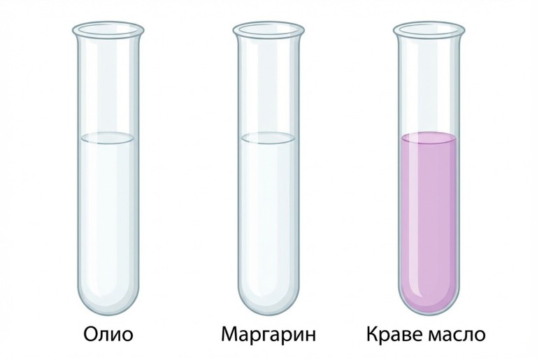 Илюстрация на три вертикални епруветки, подредени хоризонтално, всяка съдържаща бледолилав разтвор на калиев перманганат, смесен с различен мастен продукт. Първата епруветка, етикетирана като 'Олио', показва напълно обезцветен, бистър разтвор. Втората епруветка, етикетирана като 'Маргарин', също показва напълно обезцветен, бистър разтвор. Третата епруветка, етикетирана като 'Краве масло', съдържа разтвор, който запазва оригиналния си бледолилав цвят.