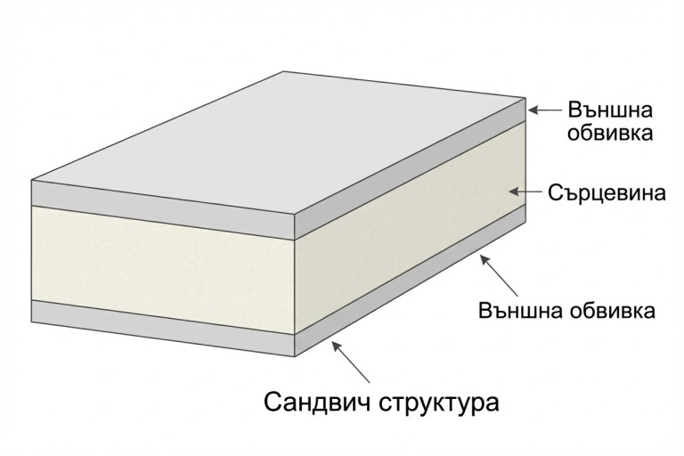 Фиг. 60-2. Макроструктура на композитен материал тип „сандвич“. Изобразява триизмерен правоъгълен блок, съставен от три хоризонтални слоя, видими в перспектива. Горният и долният слой са тънки и с еднаква дебелина, представляващи външните обвивки. Средният слой е значително по-дебел и представлява сърцевината на „сандвича“. Всички слоеве са успоредни един на друг, подчертавайки ясната слоеста структура на материала.