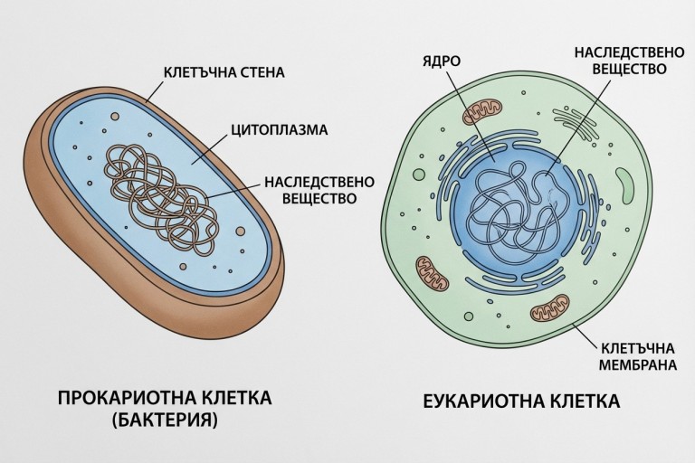 {Устройство на прокариотна клетка (бактерия) и еукариотна клетка. Прокариотната клетка има клетъчна стена и наследствено вещество, разположено свободно в цитоплазмата. Еукариотната клетка има ядро, в което се намира наследственото вещество.}
