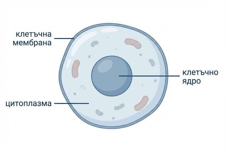 {Схема на животинска клетка с означени основни части: клетъчна мембрана (най-външен слой), цитоплазма (вътрешна среда) и клетъчно ядро (централна структура).}
