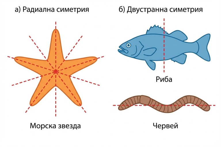{Сравнение на двата вида симетрия: а) Радиална симетрия (морска звезда), където няколко равнини делят тялото на еднакви части; б) Двустранна симетрия (риба/червей), където само една равнина дели тялото на лява и дясна половина.}
