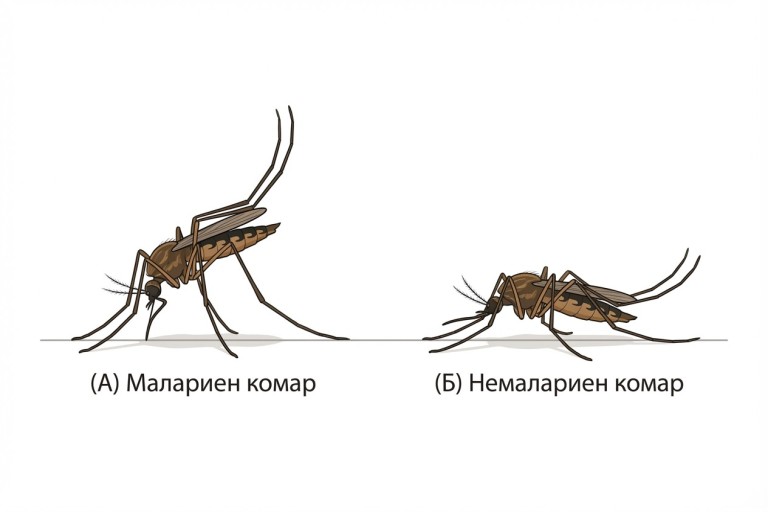 Илюстрация на два комара, кацнали на повърхност. (А) Малариен комар: тялото сключва ъгъл с повърхността (наклонено е, задните части са вирнати нагоре). (Б) Немалариен комар: тялото стои успоредно на повърхността.