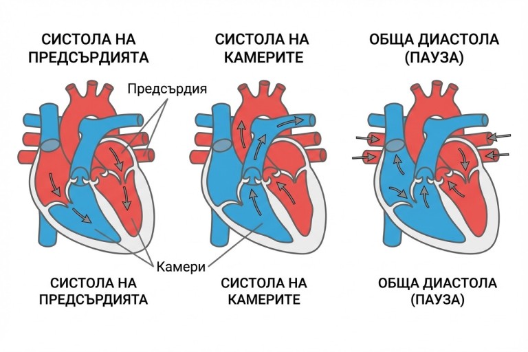{Схема на сърдечния цикъл, илюстрираща трите фази: систола на предсърдията, систола на камерите и обща диастола (пауза), показваща посоката на кръвта.}