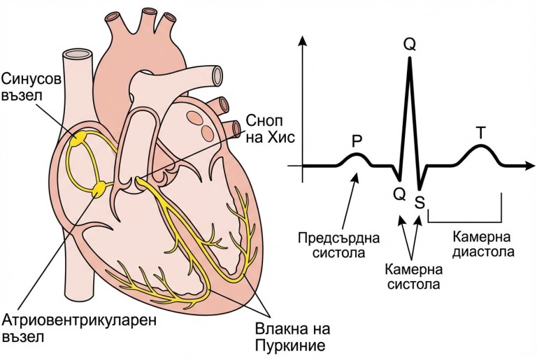 {Схема на възбудно-проводящата система на сърцето и графика на електрокардиограма (ЕКГ), показваща електрическите пикове (P, Q, R, S, T) съответстващи на сърдечните фази.}