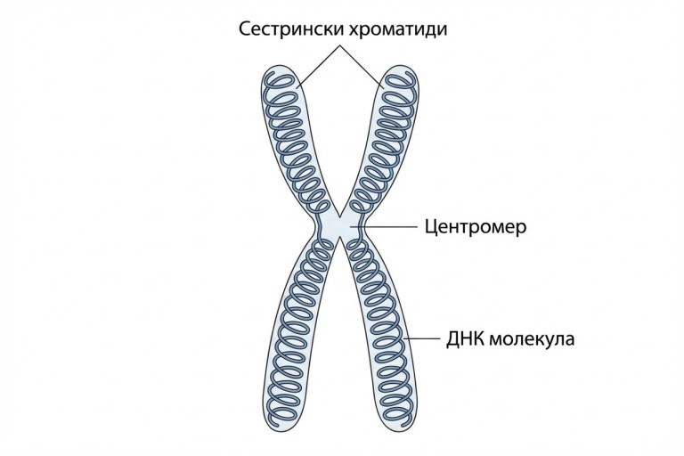 {Схема на компактна метафазна хромозома, състояща се от две сестрински хроматиди, свързани в центромер. Всяка хроматида съдържа една молекула ДНК.}