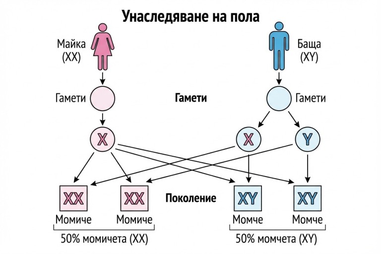 {Схема на унаследяване на пола: Майка (XX) + Баща (XY) -> Гамети (X) и (X или Y) -> Поколение: 50% момичета (XX) и 50% момчета (XY)}