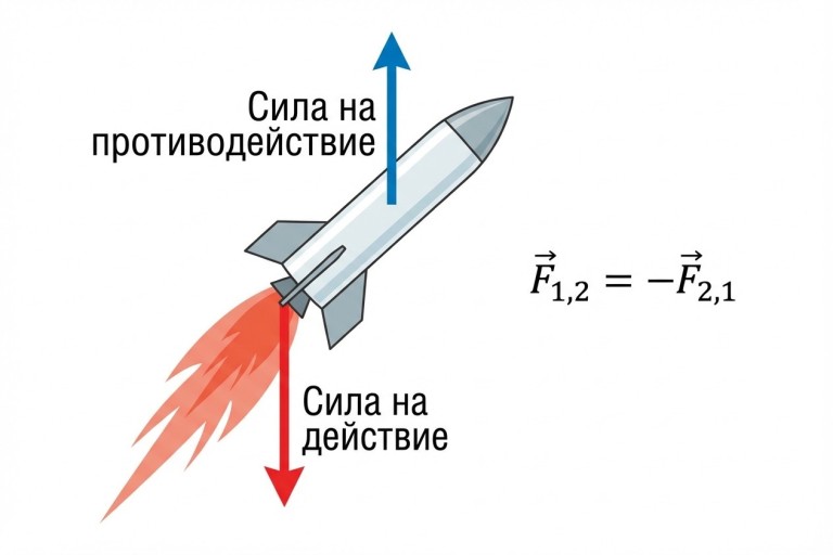 {Илюстрация на излитаща ракета, демонстрираща Третия принцип на механиката. От задната част на ракетата се изхвърлят горещи газове, насочени вертикално надолу. Начертани са два вектора (стрелки) с еднаква дължина: едната сочи надолу, приложена върху газовете, с надпис „Сила на действие“, а другата сочи нагоре, приложена върху тялото на ракетата, с надпис „Сила на противодействие“. Двата вектора са в контрастни цветове (например червено и синьо), за да се подчертае, че са приложени към различни обекти. Встрани е добавено математическото означение: \( \vec{F}_{1,2} = -\vec{F}_{2,1} \).}
